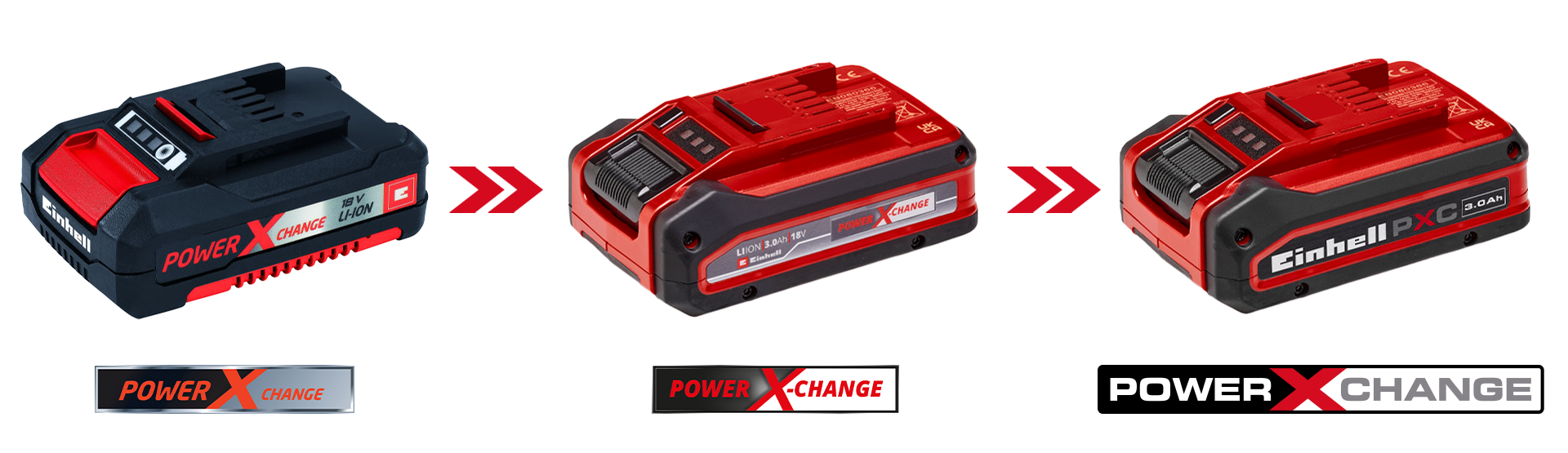 Three Einhell Power X-Change batteries showing design evolution: older black model on the left, two red updates on the right.