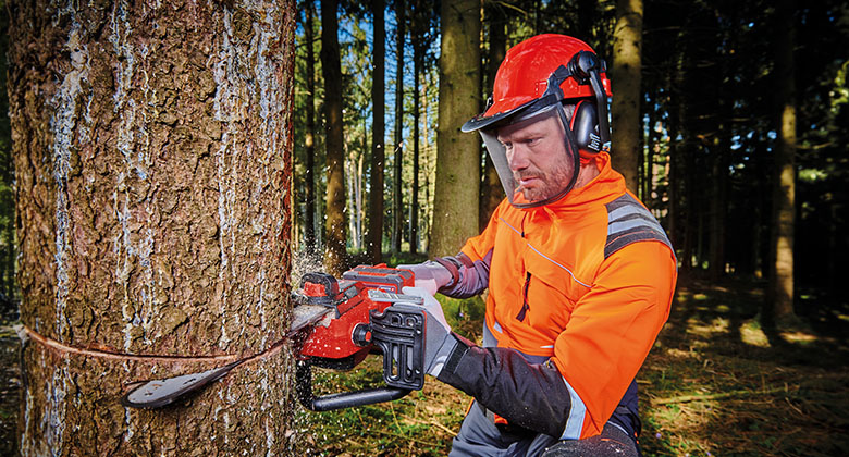 A man is sawing into a tree with a Einhell cordless chainsaw