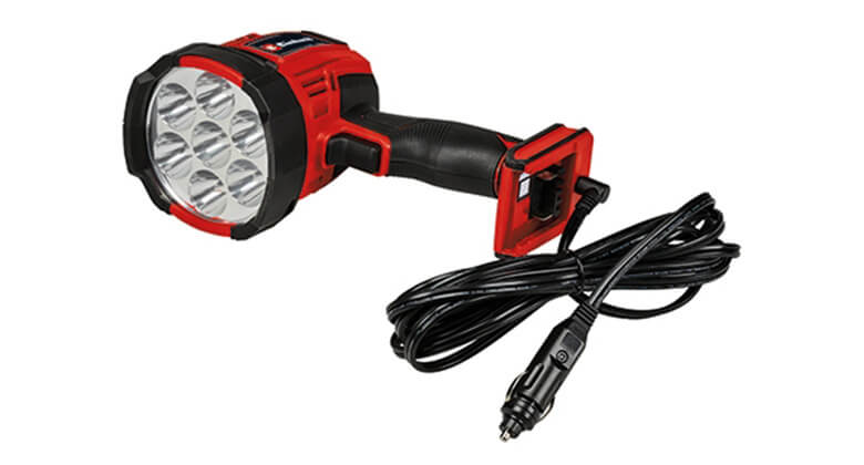 The Einhell TE-CL 18/2500 LiAC-solo battery lamp can be operated both by battery and by connecting it to a cigarette lighter.