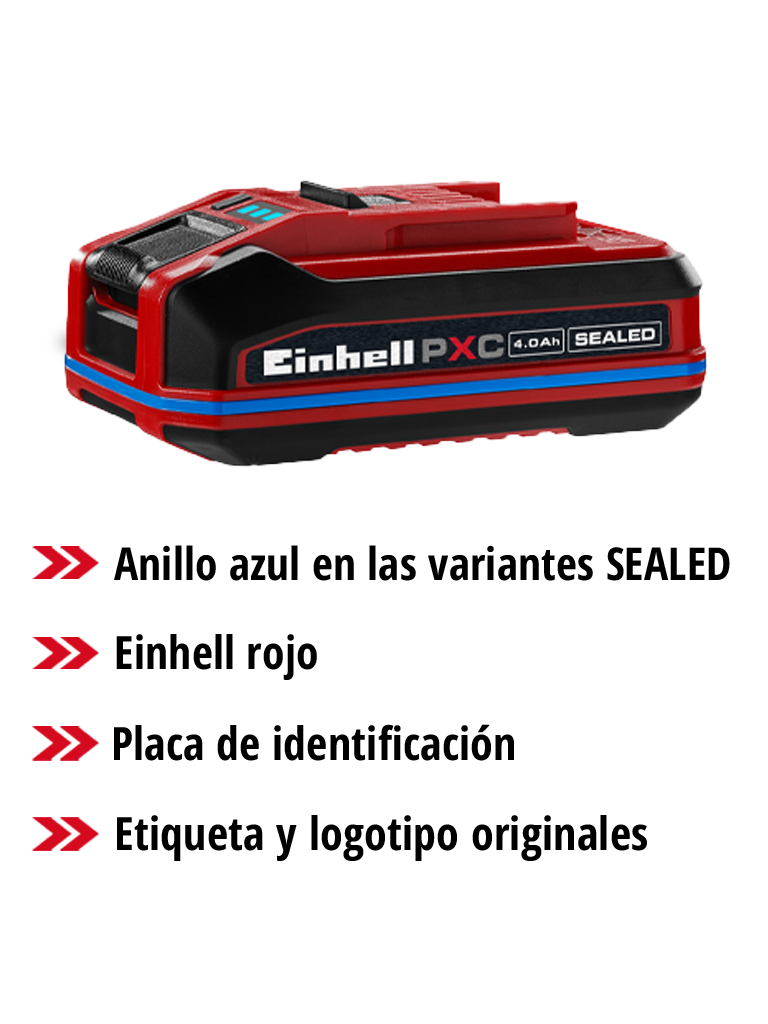 Batería Einhell Power X-Change SEALEAD con anillo azul, etiqueta de tipo y marca original en un gráfico de vista general.