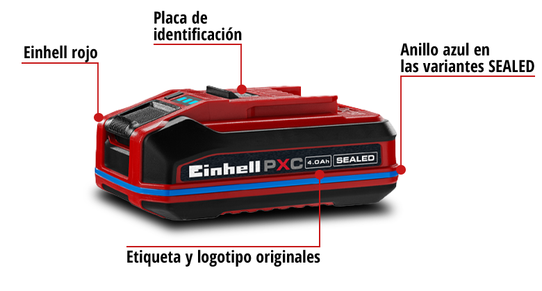 Batería Einhell Power X-Change SEALED con anillo azul, etiqueta de tipo y marca original en un gráfico de vista general.
